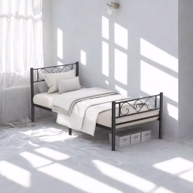 Pirlo Plush Single Metal Bed Frame with Headboard, Black, W/D/H: 90 x 190 x 91.8 cm – 1