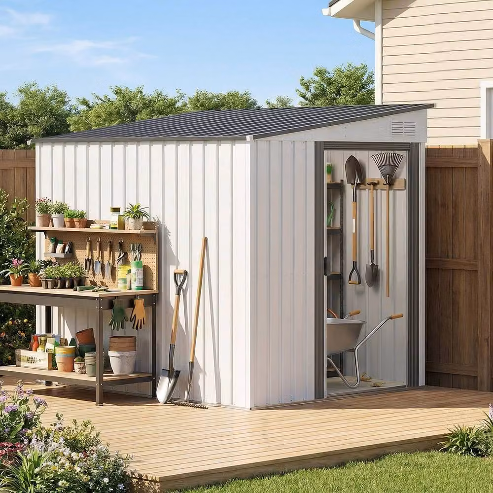 Rolipo White Galvanised Steel Pent Garden Shed with Sliding Door, W/D/H: 213.36 x 152.4 x 181.0 cm – 2