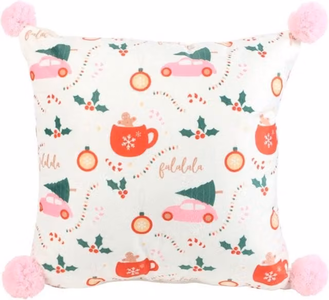 KDMK Square Christmas Cushion with Graphic Design in White and Pink