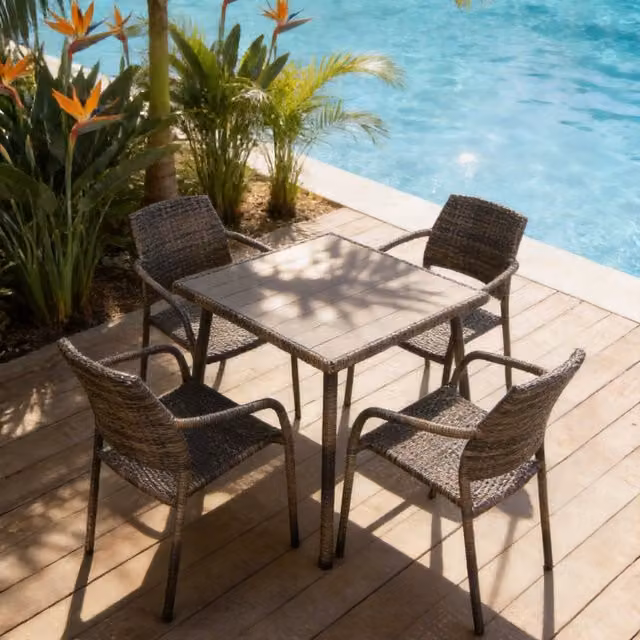 FURNITURE ONE Rattan Garden Dining Set in Brown with Square Table and Armchairs, W: 84 cm, D: 84 cm, H: 74 cm – 1