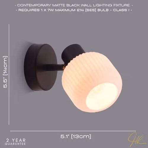 Happy Homewares Modern Adjustable Matte Black Wall Light with White Ribbed Glass Shade – 2