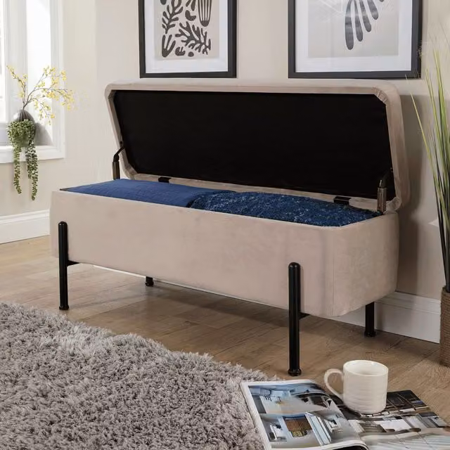 Home Source Bouclé and Velvet Storage Ottoman Seat with Metal Legs in Light Grey – 1