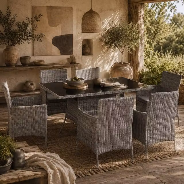 Wyld Haus Lona 6 Seater Charcoal Grey Polyrattan Outdoor Dining Set with Glass Table and Cushions