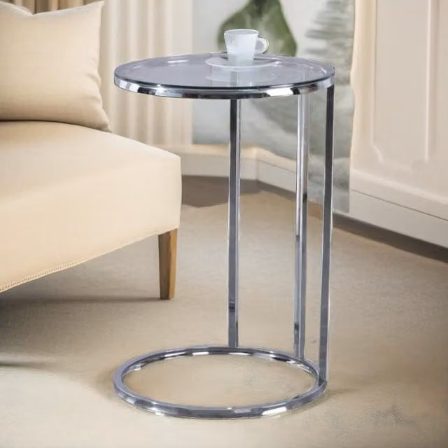 Pirlo Plush C Shaped Side Table in Silver with Glass Top