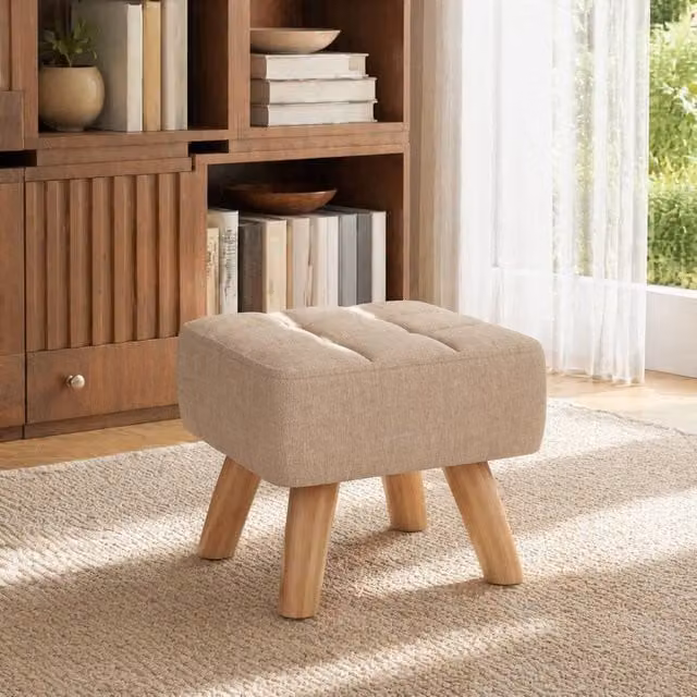 STILVORA Modern Rectangular Fabric Footstool with Brown Wooden Legs in Beige