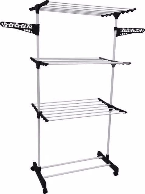 My Laundry 3 Tier Upright Airer in White Metal with Foldable Wing Arms and Wheels