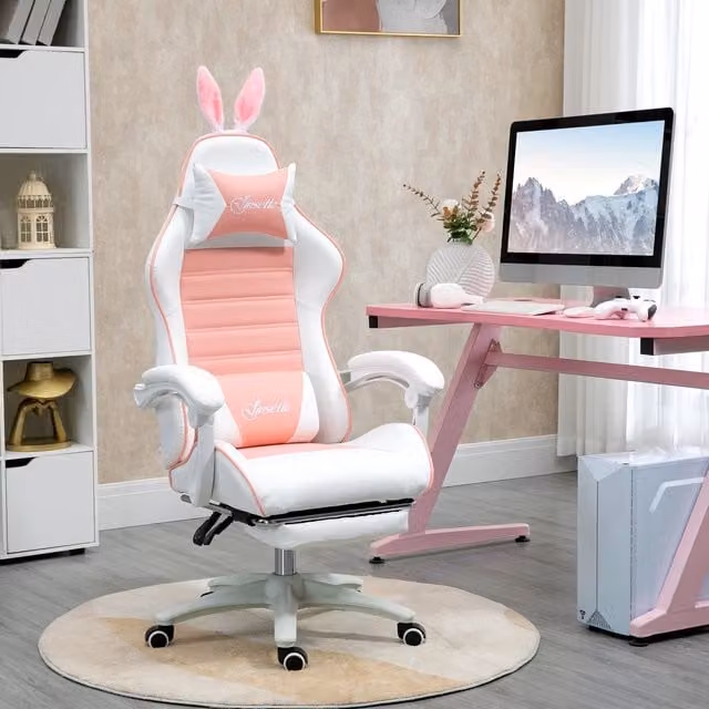 Vinsetto Pink Gaming Chair with Ears and Faux Leather Headrest and Footrest