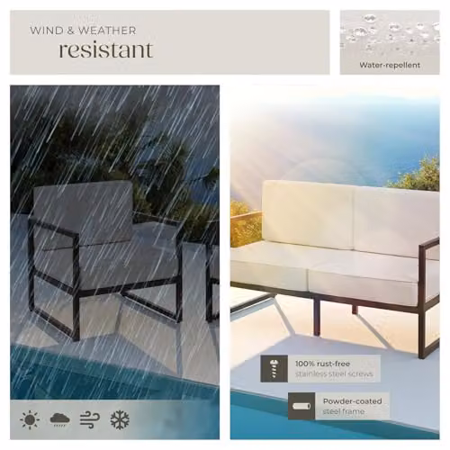 tectake Minimalist Garden Furniture Set in White with 2-Seater Sofa, 2 Lounge Armchairs and Upholstered Cushions with Powder Coated Steel Frames – 7
