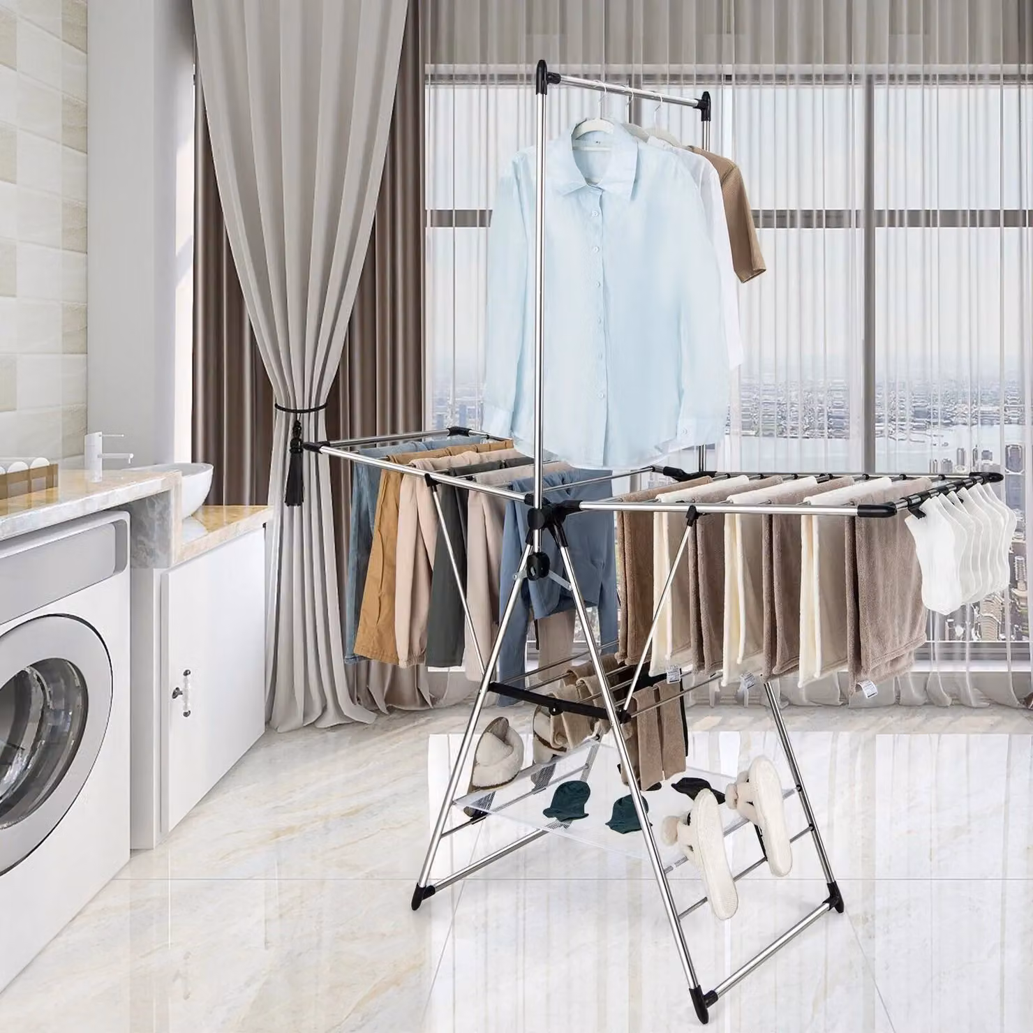 Gymax Folding Aluminium Clothes Drying Rack with 6-Level Adjustable Height in Silver – 2