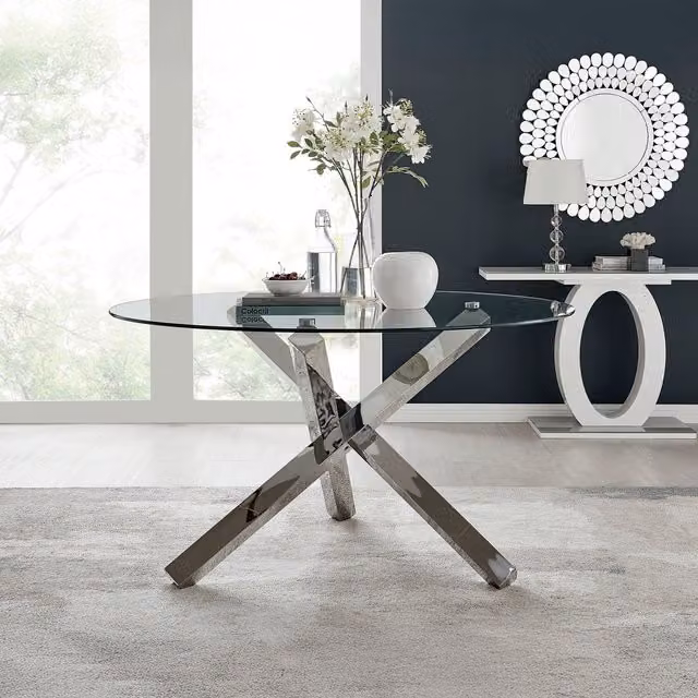 FurnitureboxUK Vogue Large Round Dining Table with Chrome Metal Base and Clear Glass Top, Grey