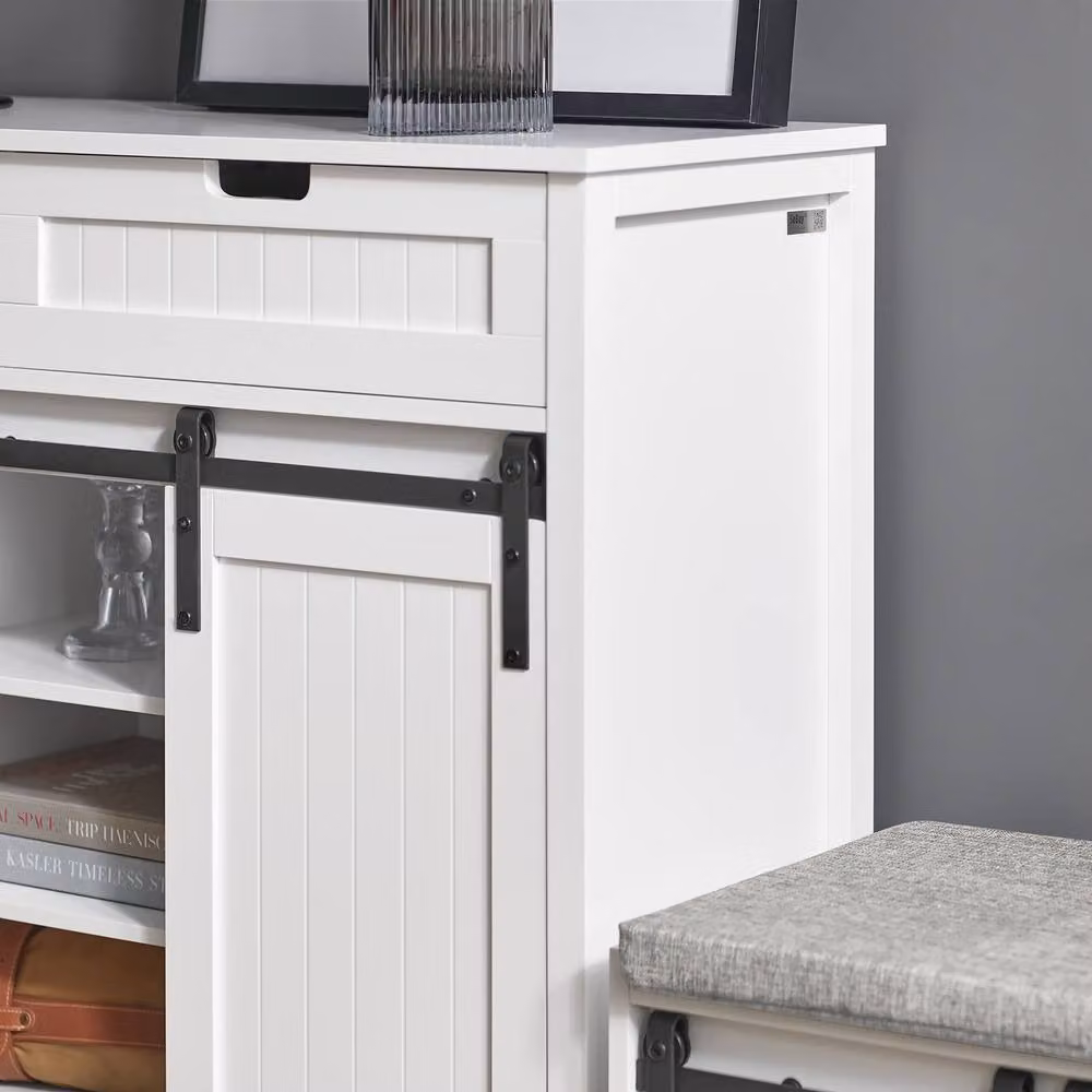 SoBuy Modern White Entrance Cabinet with Sliding Doors and Internal Shelves – 4