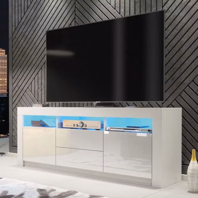 Creative Furniture Shine TV Unit 160cm with Glossy Doors and LED Lights in White, W/D/H: 160 x 35 x 60 cm – 1