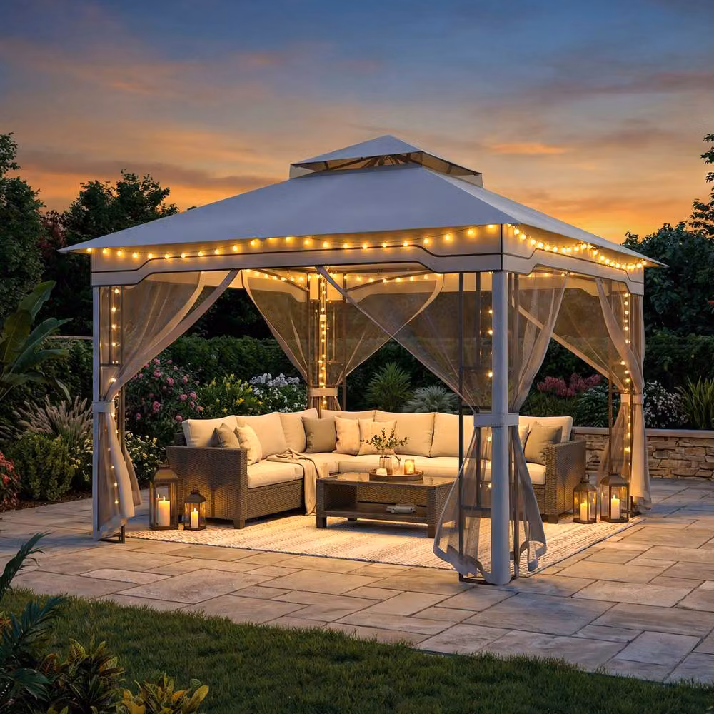 Costway Double Roof Soft Top Patio Gazebo with Zippered Mesh Netting, Grey, W: 330 cm, D: 330 cm, H: 280 cm – 7