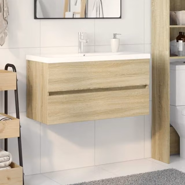 Berkfield Home 2 Piece Modern Wall Mounted Bathroom Furniture Set in Brown with Ceramic and Engineered Wood