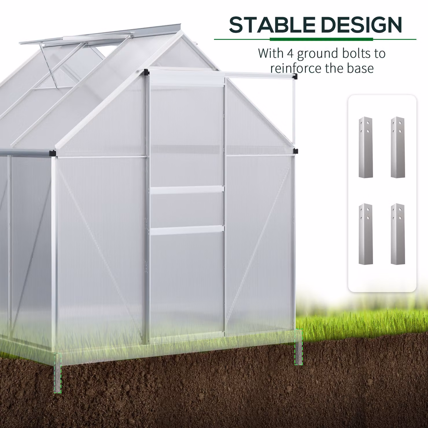 Outsunny Walk-In Polycarbonate Greenhouse with Aluminium Frame and Galvanised Base – 3