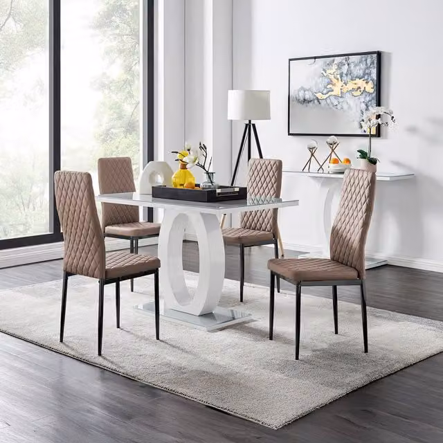 FurnitureboxUK Giovani Grey Glass Dining Table and 4 Beige Faux Leather Chairs with Black Legs – 1
