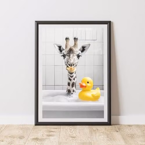 60 Second Makeover Funny Giraffe Rubber Duck Paper Poster, Black and White, W/H: 21.0 x 29.7 cm