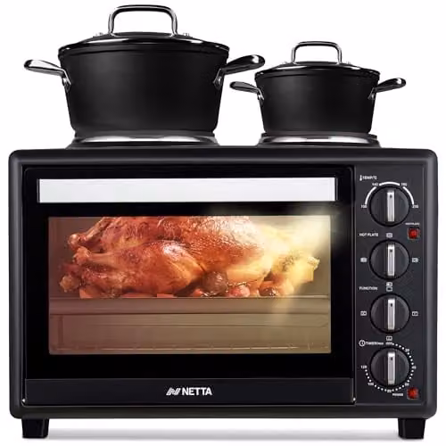 NETTA 35L Mini Oven with Double Hotplate and Electric Grill in Black and Silver, 2500W Countertop Cooker with 230°C Temperature Control and Timer – 1