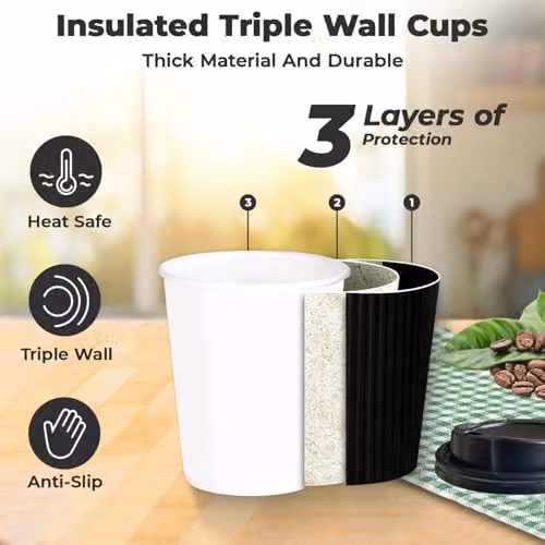 ECONX 50 Pack Disposable Black Triple Wall Paper Coffee Cups with Lids, 12oz – 2