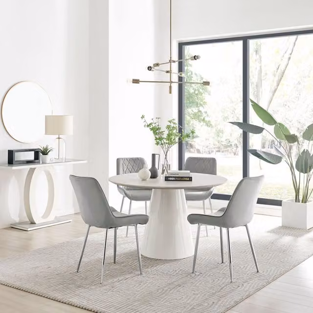 FurnitureboxUK Palma Beige Stone Effect Round Dining Table and 4 Pesaro Silver Chairs in Grey