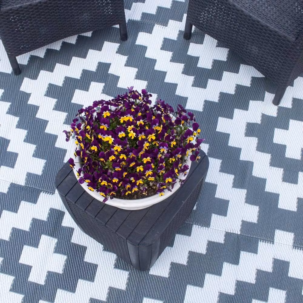 FLAVORA Grey Geometric Round Outdoor Rug for Patio and Terrace, Diameter: 100 cm – 3