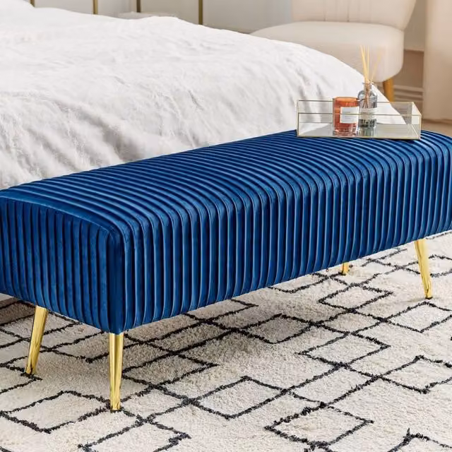 Wyld and Coco Blue Velvet Bench with Gold Metal Legs W: 118 cm, D: 40 cm, H: 40 cm