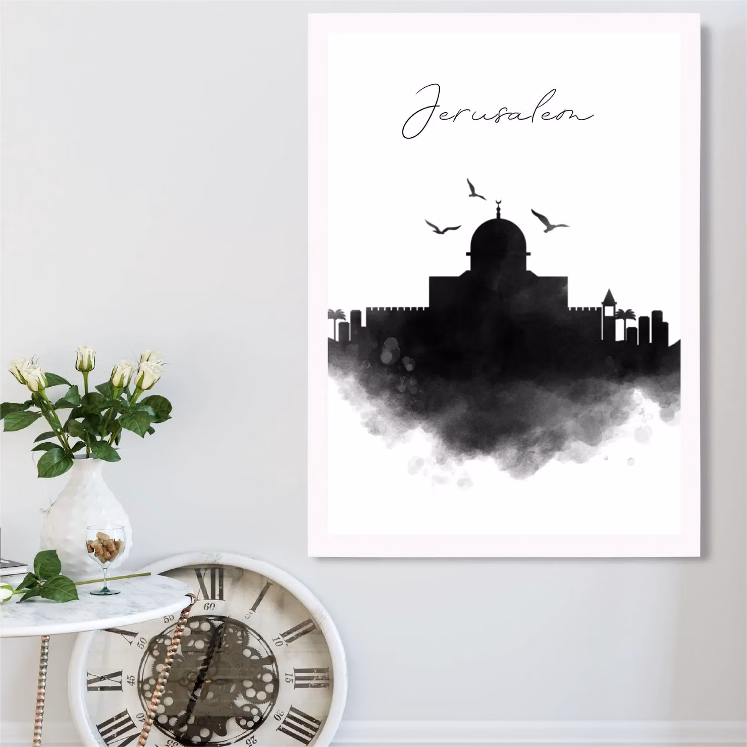 ARTZE Jerusalem Watercolour Skyline City Framed Print, Black and White, A3 – 2