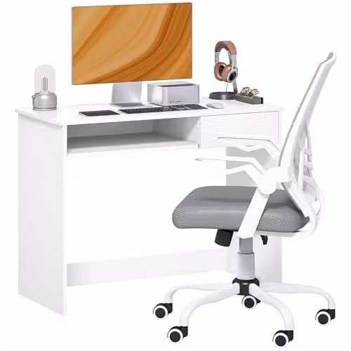 Vinsetto Home Office Desk and Mesh Chair Set in White and Grey – 1