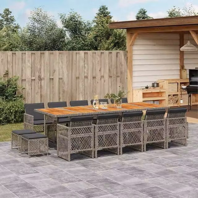 Berkfield Home 15 Piece Grey Poly Rattan and Acacia Wood Garden Dining Set with Cushions – 1