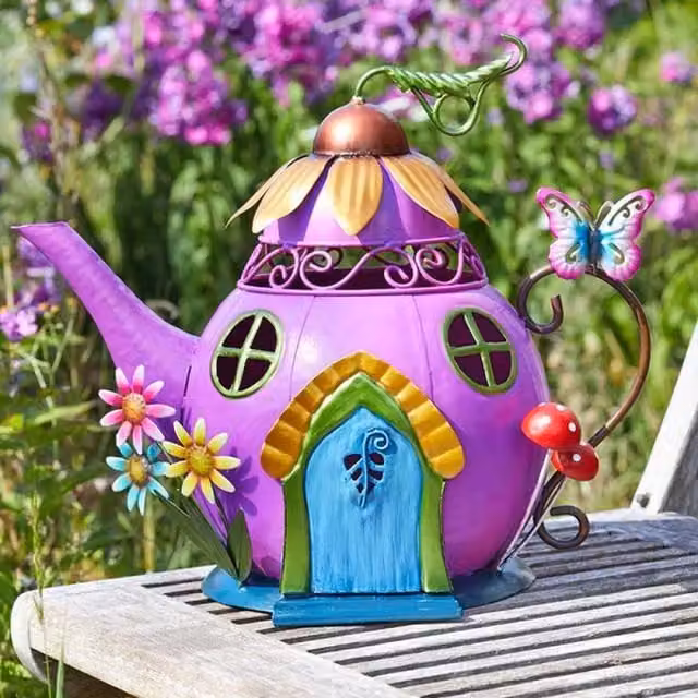 Garden Mile Metal Teapot Garden Ornament in Purple and Blue