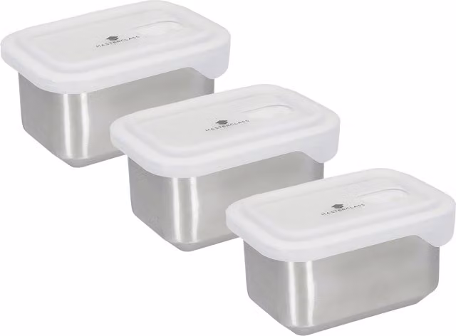 MasterClass Set of 3 Stainless Steel Food Containers with Snap Lids, 750ml, Silver and Grey