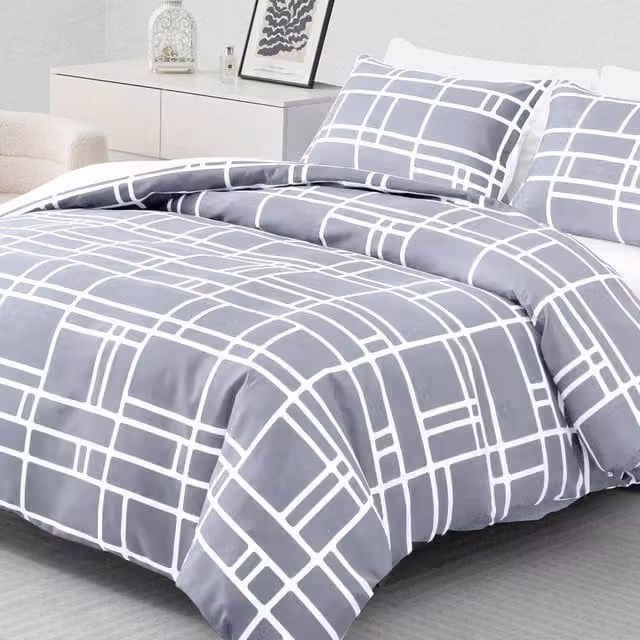 Pamposh Grey and White Reversible Microfibre Duvet Cover Set, W: 140 cm, H: 200 cm