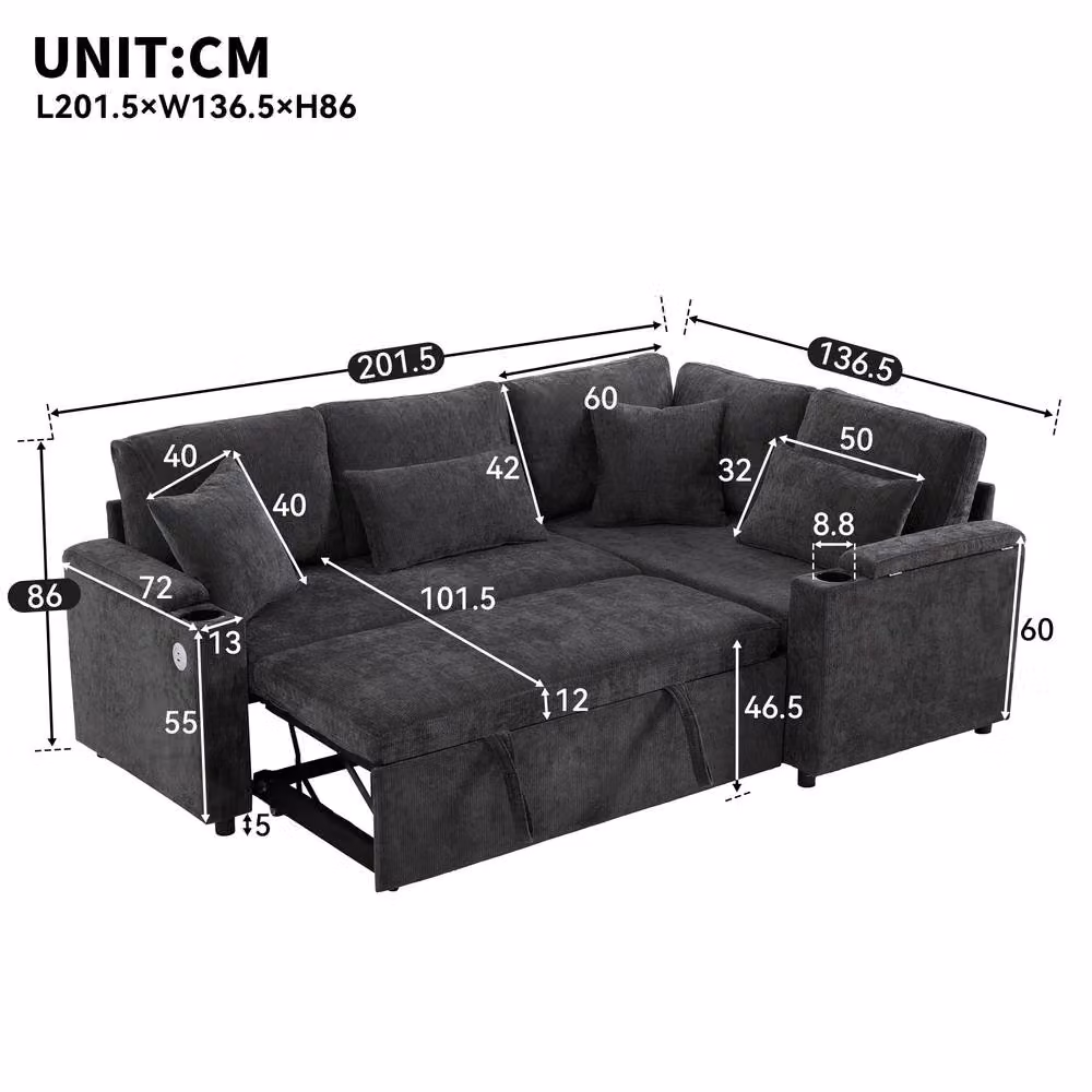 Rolipo Grey L-Shaped Fabric Corner Sofa Bed with Storage, USB Charging Port and Cup Holders – 5