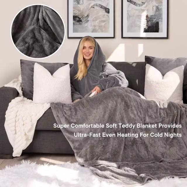 OHS Teddy Fleece and Velvet Electric Heated Blanket with Auto Shut Off in Grey or Turquoise