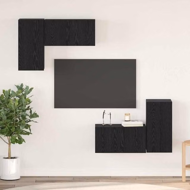 Berkfield Home 4-Piece Wall-Mounted TV Cabinet Set with Shelves and Doors in Black Oak, W/D/H: 60 x 30 x 30 cm – 1