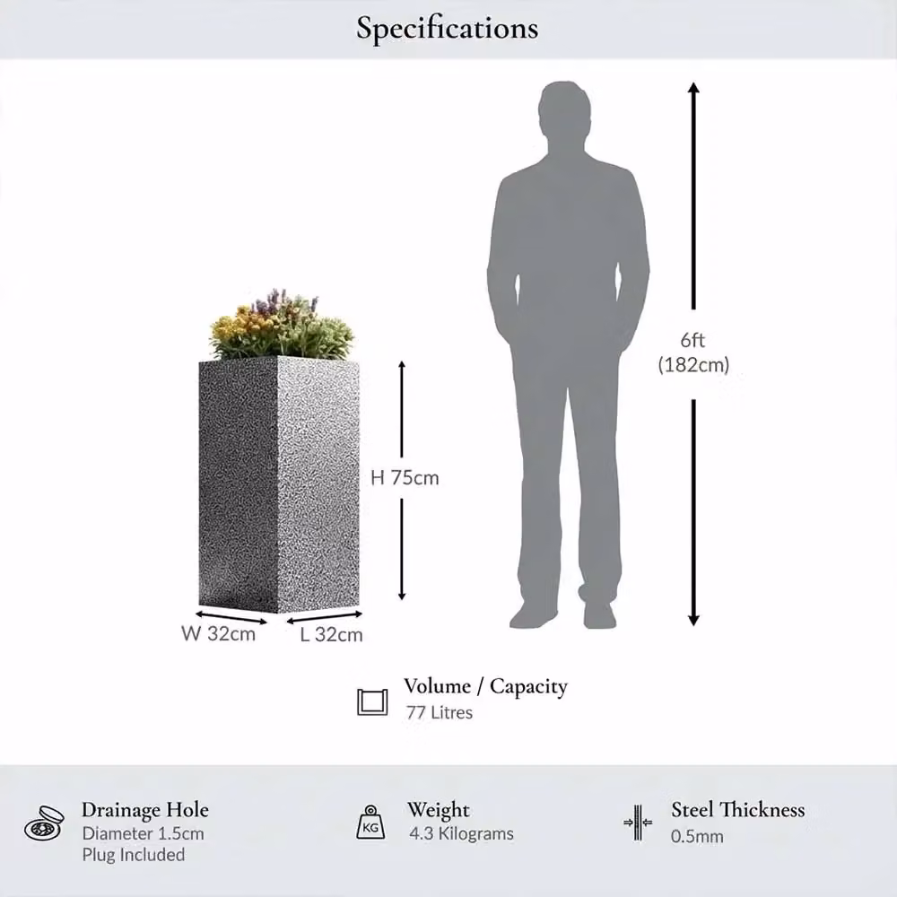 Tulipy Galvanised Steel Tall Square Planter, Silver and Black, W/D/H: 32 x 32 x 75 cm – 2