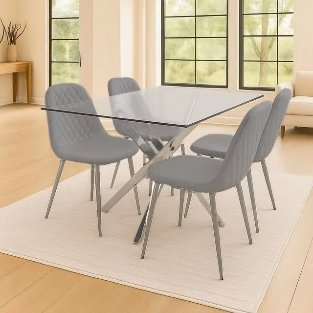 Kosy Koala Modern Rectangular Glass Dining Table with 4 Grey Leather Chairs