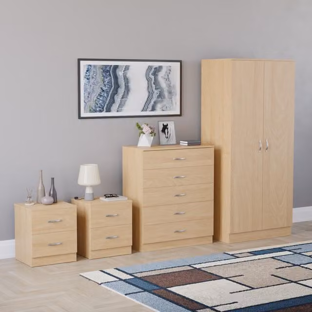 Vida Designs Riano 4 Piece Modern Bedroom Set in Pine Finish, including 2 Door Wardrobe, 5 Drawer Chest and 2 Bedside Chests