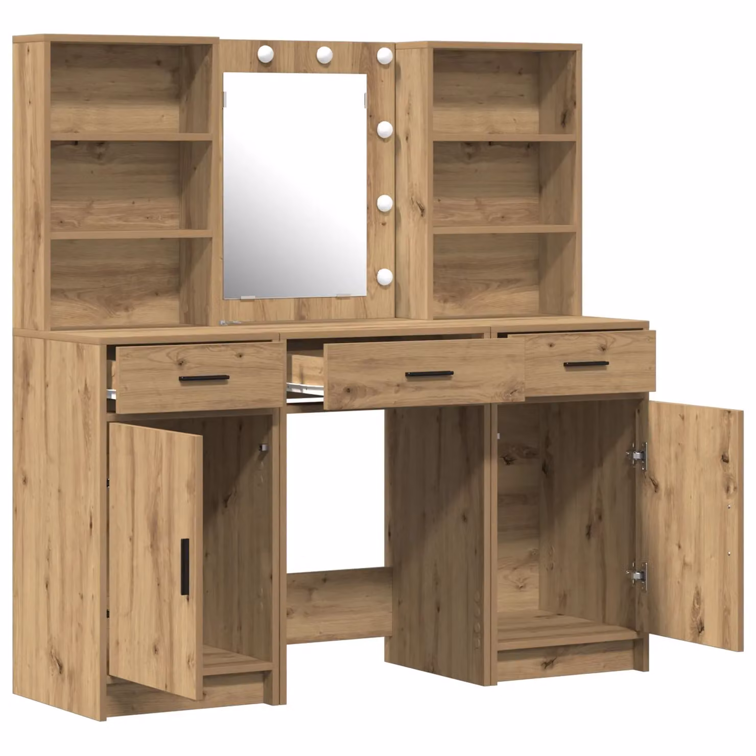 Berkfield Home Hollywood LED 3 Piece Modern Dressing Table Set in Brown Oak Wood – 2