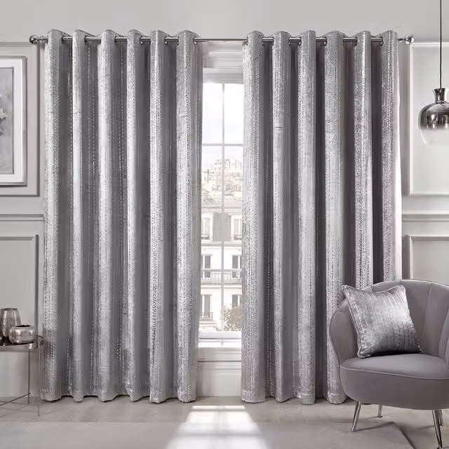 Divante Selina Silver Velvet Striped Eyelet Curtains, W: 168 cm, H: 229 cm