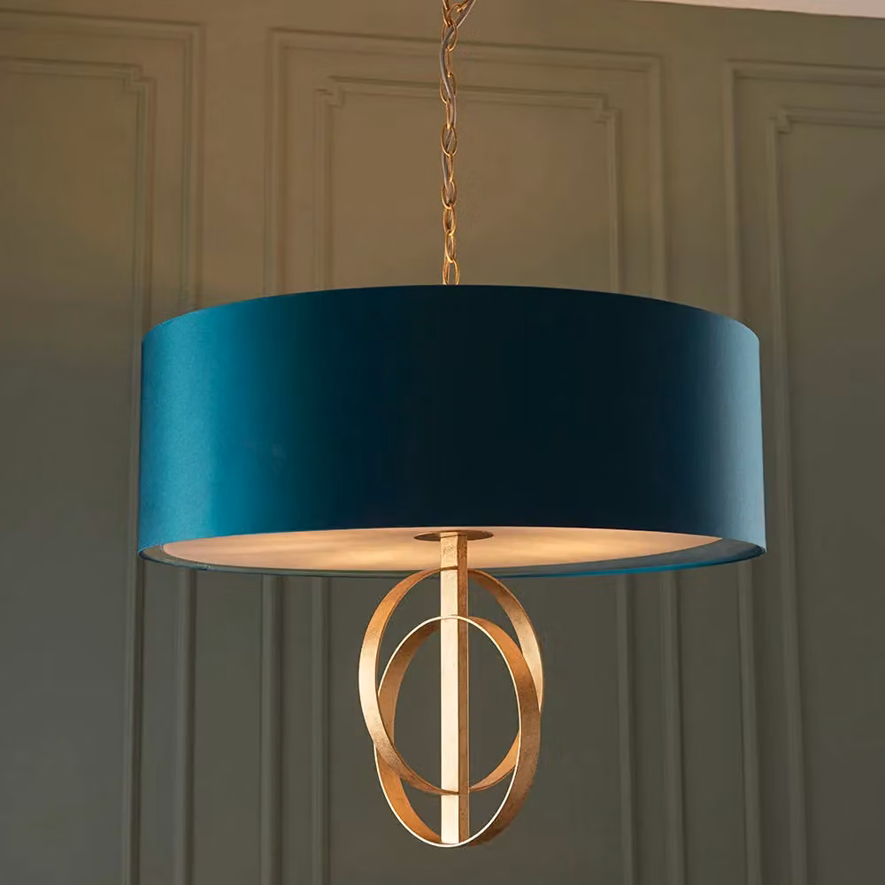 Loops Antique Gold 5-Bulb Ceiling Pendant Light with Teal Satin Shade – 2