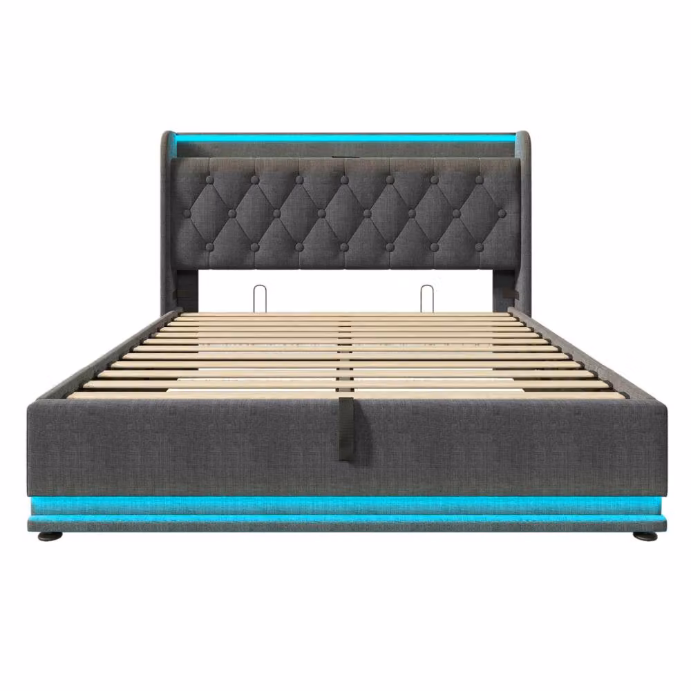 STILVORA Grey Upholstered Double Ottoman Bed with Storage, USB Charging Port and Bedside Shelf, W/D/H: 135 x 190 x 104 cm – 6