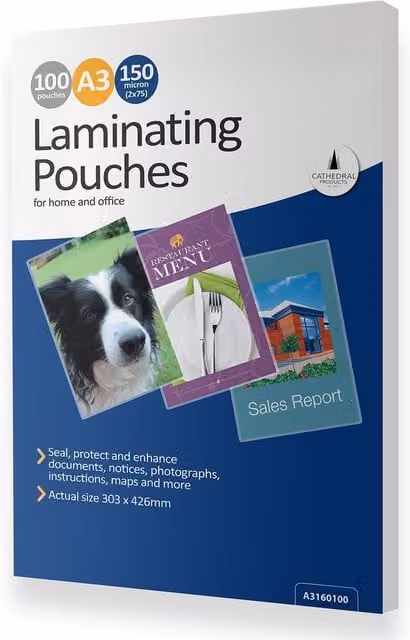 100 Transparent A3 Gloss Laminating Pouches, 150 Micron