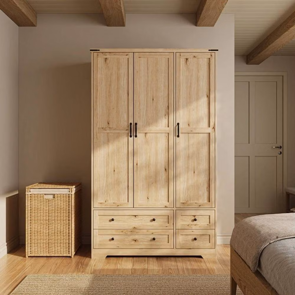 FORGEVIO Oak 3 Door 4 Drawer Panelled Wardrobe in Brown, H 180 x W 108 x D 46 cm – 2