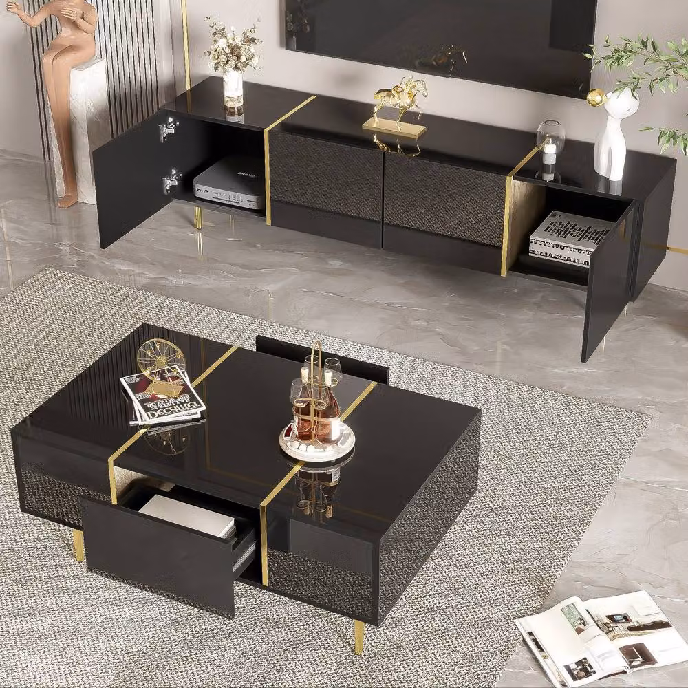 Merax Modern High-Gloss Living Room Set with TV Cabinet and Coffee Table in Black – 4