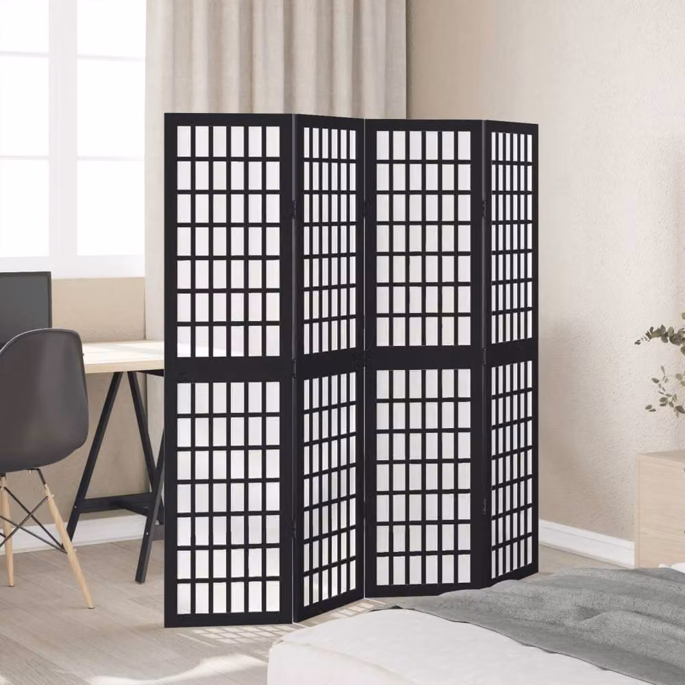 Berkfield Home 4-Panel Room Divider in Black Solid Paulownia Wood – 2