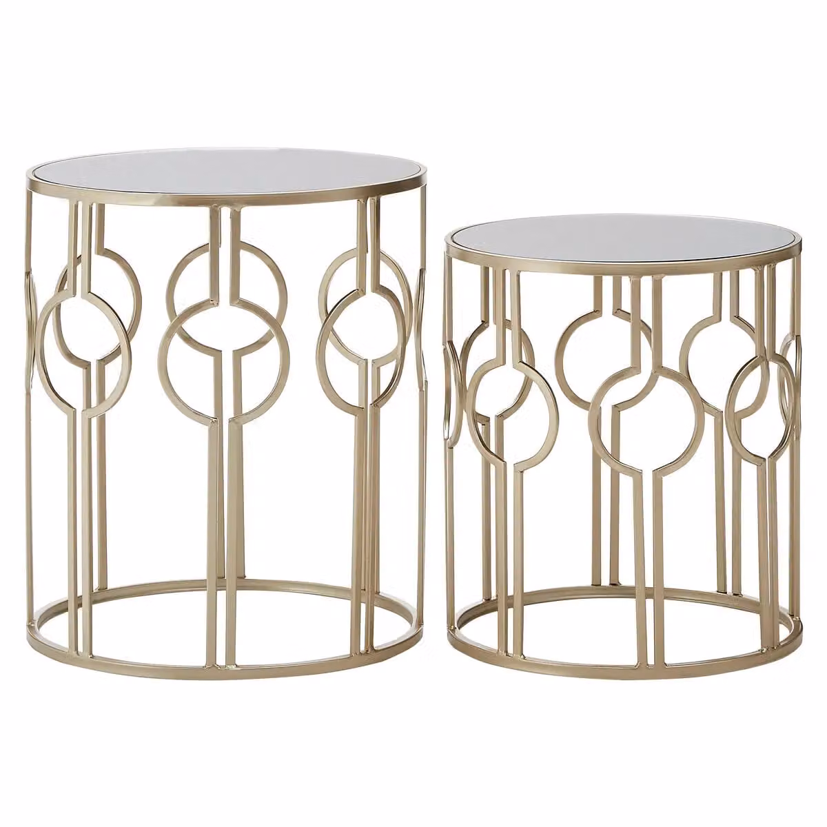 Orsina Set of 2 Modern Round Stackable Champagne Side Tables with Gold Metal Frames and Glass Tops – 2