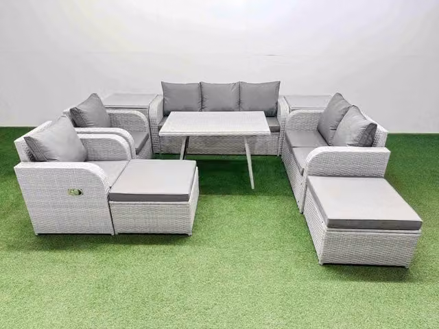 Fimous Outdoor Rectangular Table Set with Reclining Chair and 2 Large Stools in Light Grey
