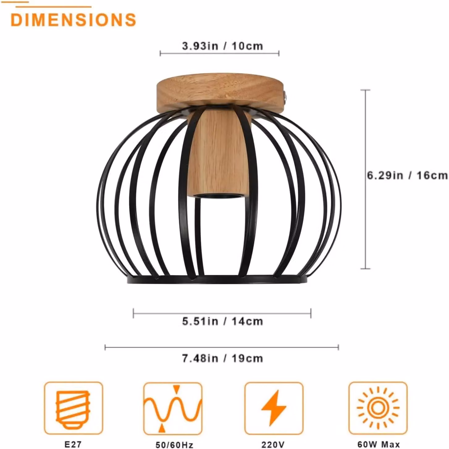 COMELY Industrial Metal Cage Ceiling Light, Vintage Black and Wood Chandelier – 4