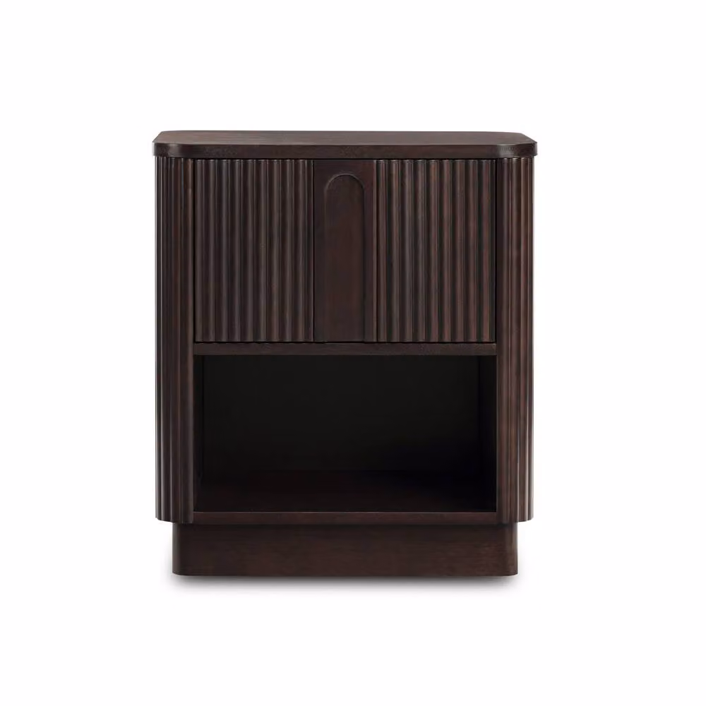 Teamson Home Modern Reeded Bedside Table with Shelf and Push-Open Drawer in Black or Brown – 3